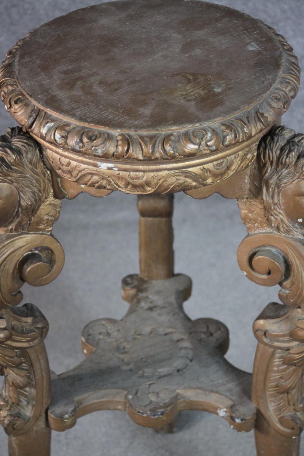 A late 19th century Italian carved wood jardiniere stand, with a circular top, on three ornately - Image 5 of 5