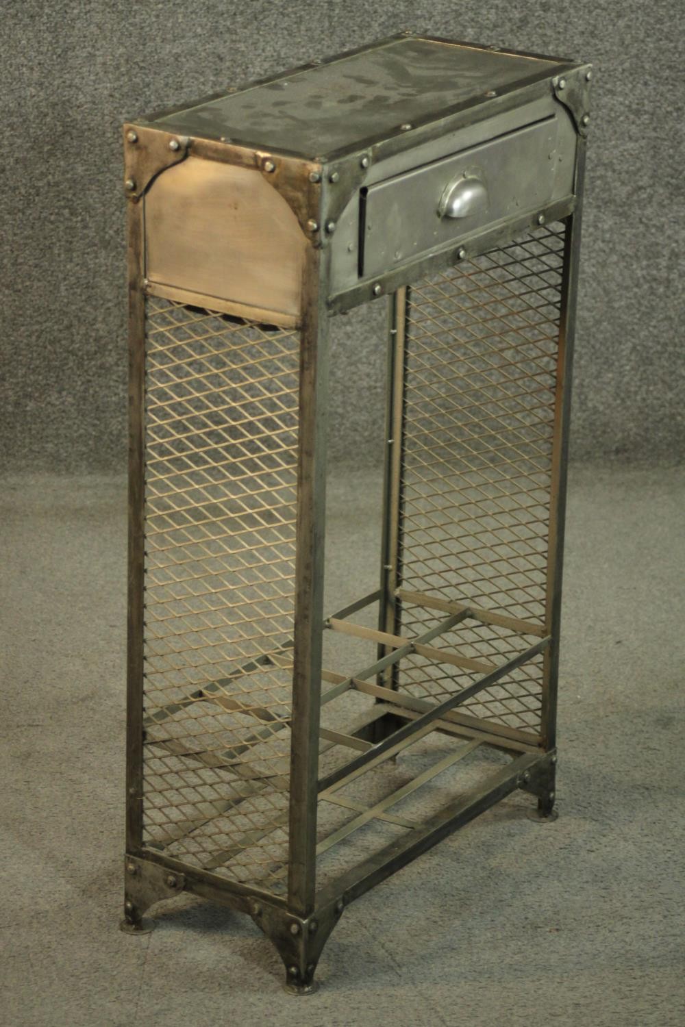 An industrial steel cabinet, with a single drawer over a divider, the sides with a lattice mesh, - Image 3 of 6