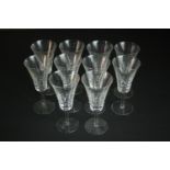 A set of ten hand cut crystal trumpet design wine glasses. H.19 Dia.8cm.