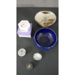 A collection of ceramics, including a Royal Doulton blue glaze bowl, a boxed Wedgwood trinket box, a