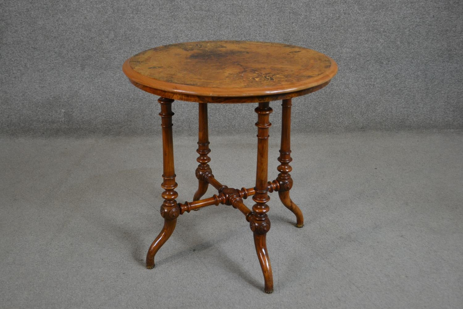 A Victorian circular figured walnut and marquetry inlaid occasional table, on turned legs joined - Image 4 of 5