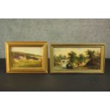 Two gilt framed oil on boards, one of cows by a river indistinctly signed and one of farm