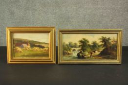 Two gilt framed oil on boards, one of cows by a river indistinctly signed and one of farm