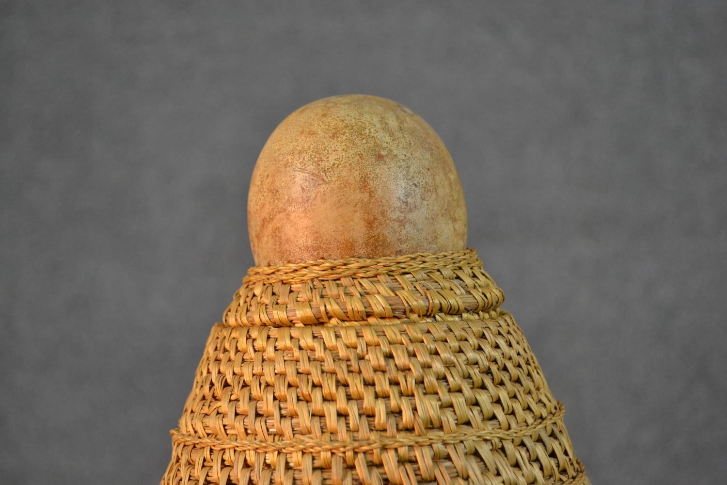 A woven African tribal vessel along with a smaller woven lidded pot. H.33cm (largest) - Image 3 of 6