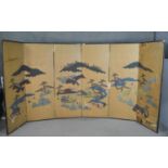 A Japanese hand painted six panel folding screen, one side with mountainous landscape, figures and
