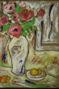 An unframed still life, oil on board, indistinctly signed. H.77 W.60cm.