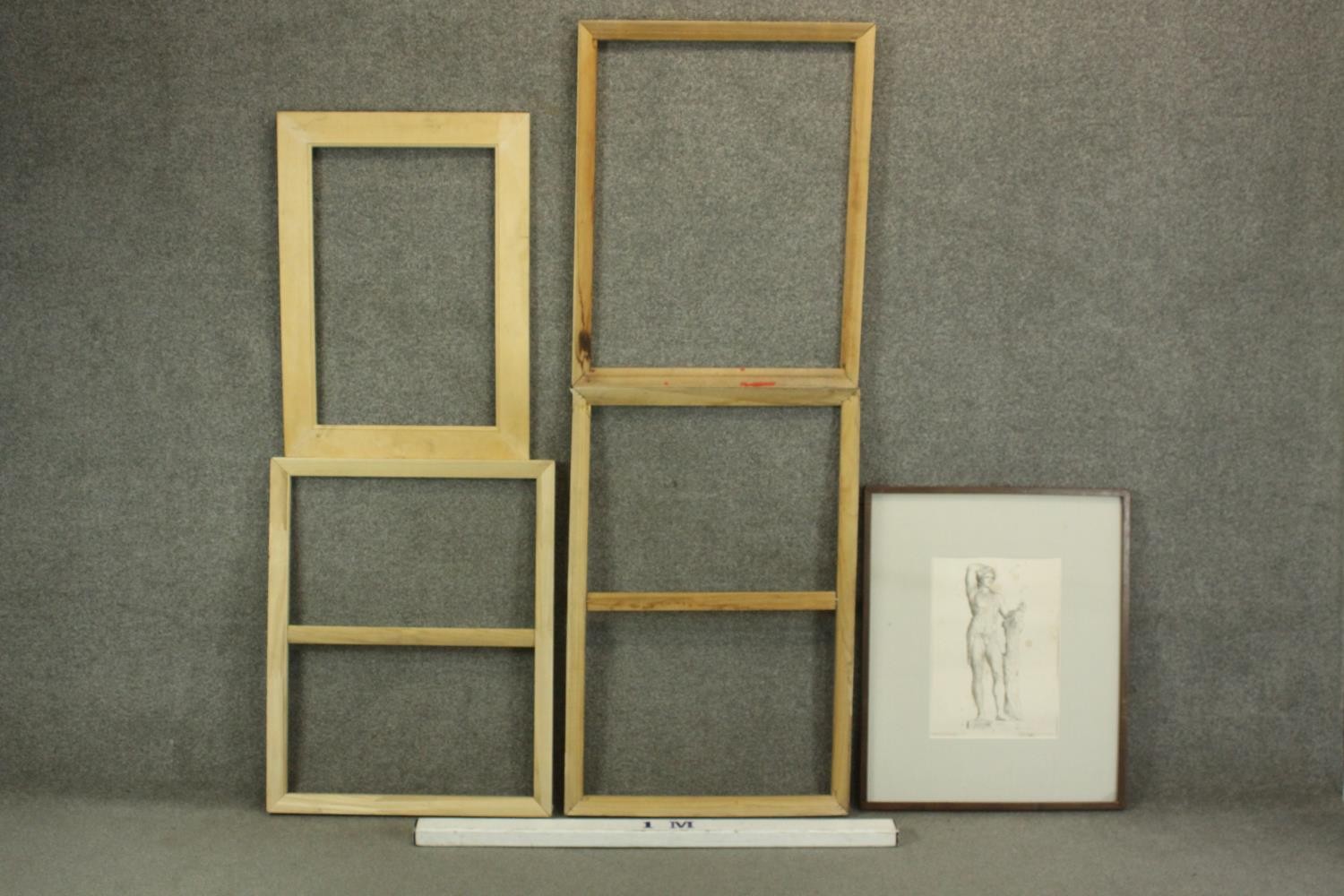 A group of five picture frames, including pine examples, one containing a Classical style print. H. - Image 2 of 6