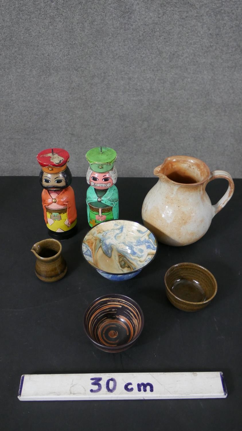 A collection of art pottery along with two hand painted figural design candle sticks. Makers marks - Image 2 of 7