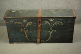 An early 18th century hand painted trunk, with iron mounts. H.67 W.147 D.61cm.