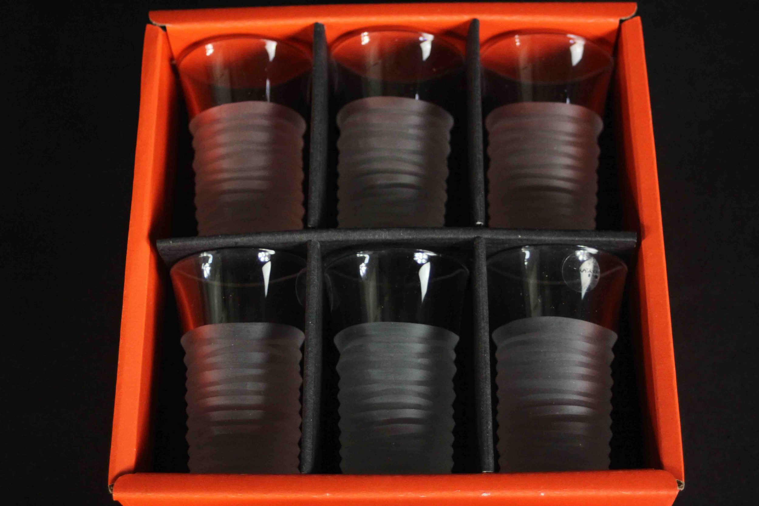 Two sets of six contemporary Salviati Italian glass 'Dune' shot glasses, with engraved decoration, - Image 6 of 21