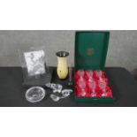A collection of glass and crystal, including a boxed set of Thomas Webb Crystal sherry glasses, a