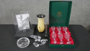 A collection of glass and crystal, including a boxed set of Thomas Webb Crystal sherry glasses, a