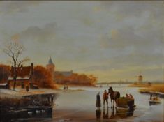 Jan Stork, oil on board of Dutch ice skating scene, signed lower right. H.49 W.59cm