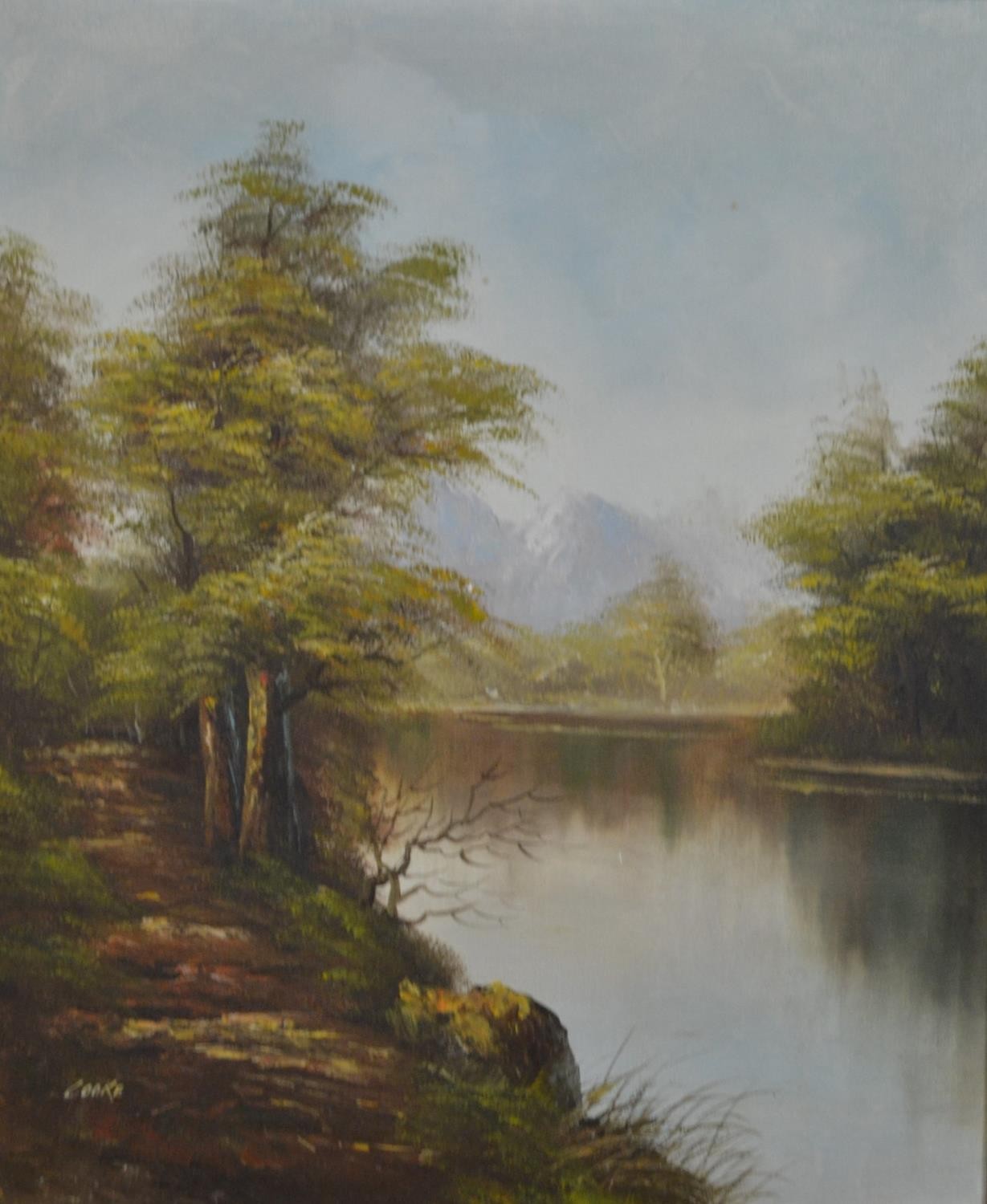 A framed oil on canvas of a river landscape, signed Cooke. H.78 W.67cm