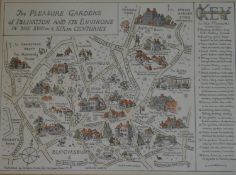 A framed and glazed hand coloured map of the Pleasure Gardens of Islington. H.43.5 W.54cm