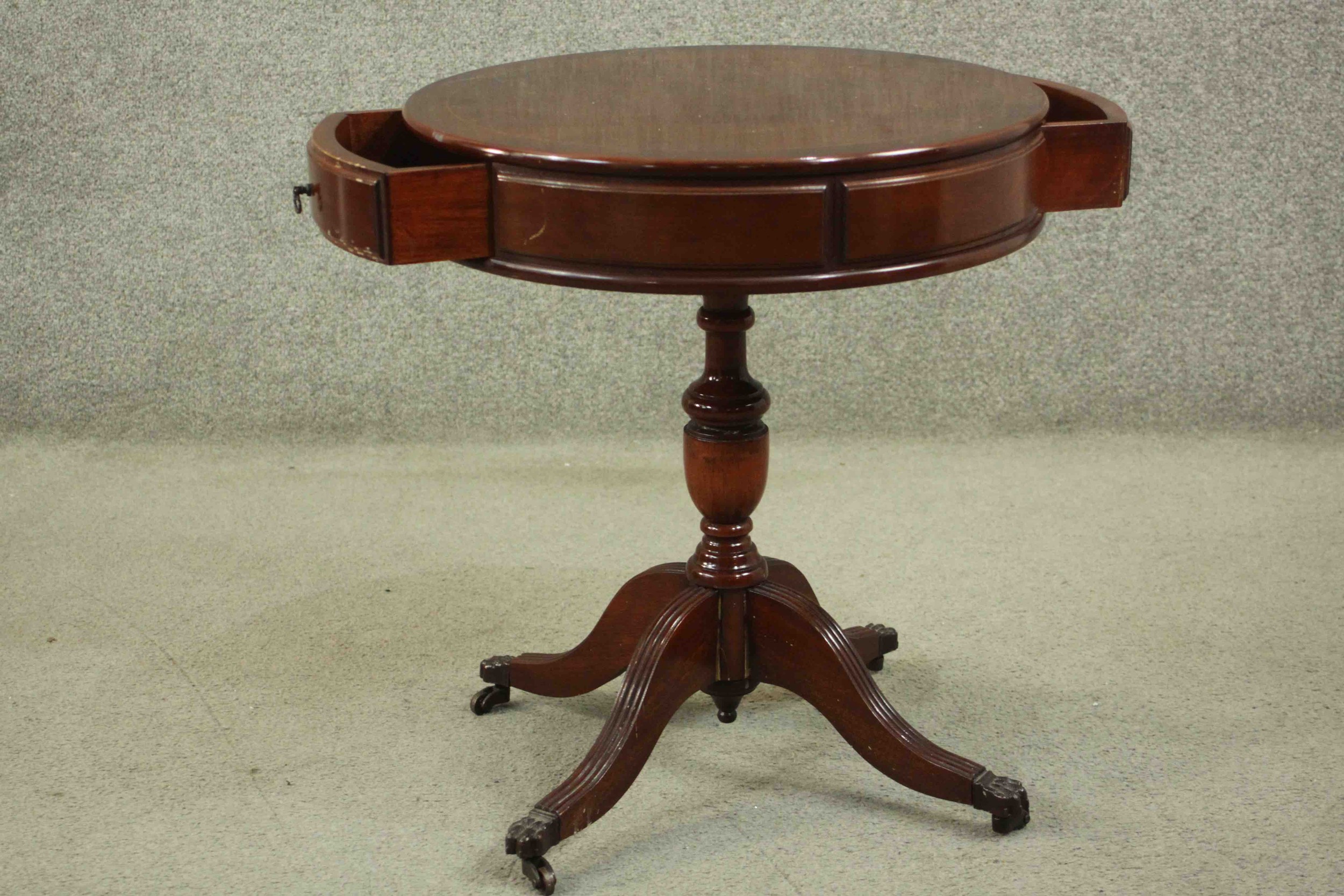 A reproduction mahogany drum occasional table, the circular top with two drawers, on a vase turned - Image 6 of 6