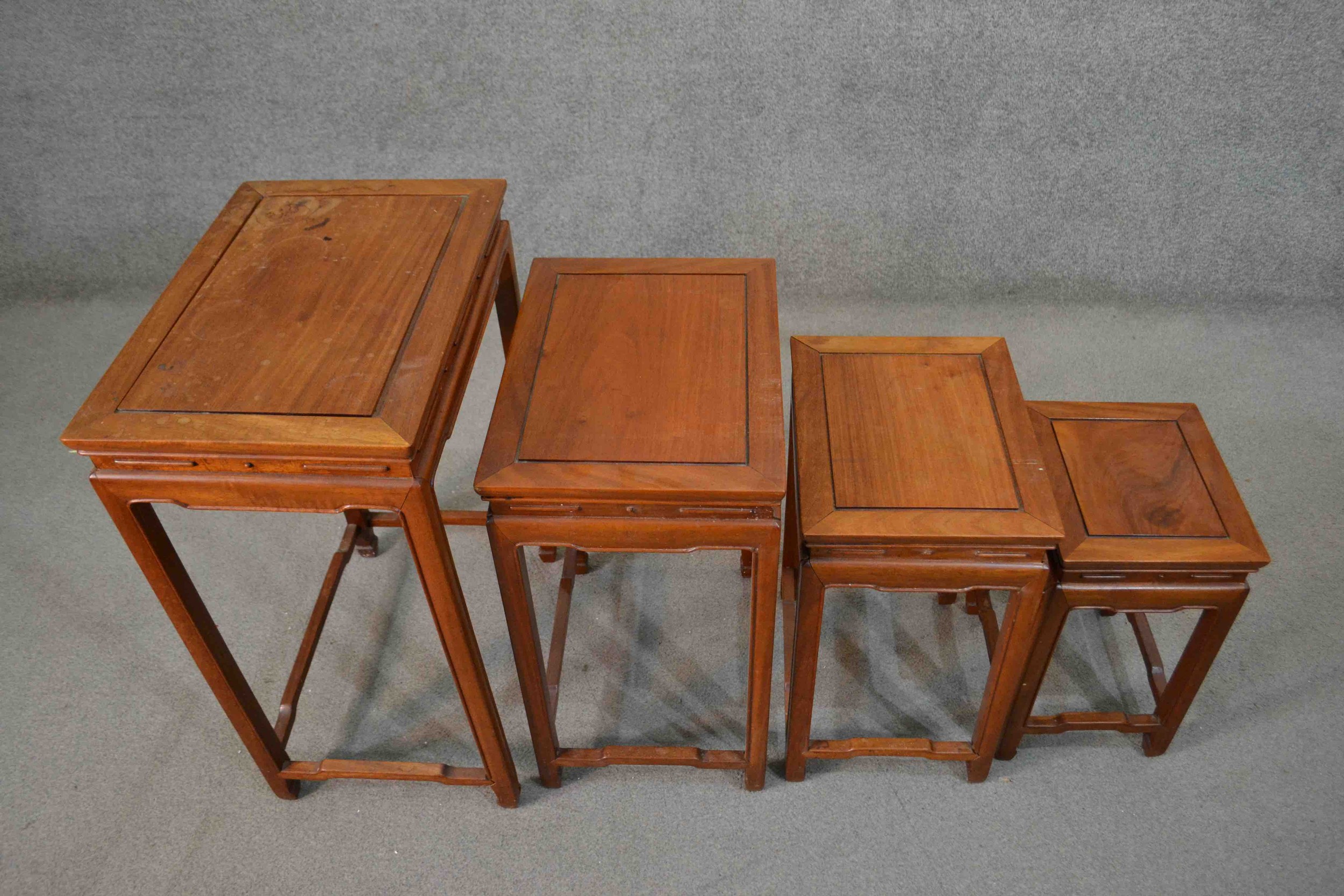 A quartetto nest of four Chinese hardwood tables, with rectangular tops, the legs joined by shaped - Image 6 of 6