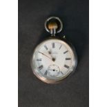 An H. Samuel gentleman's Victorian silver pocket watch with white enamel dial and black Roman