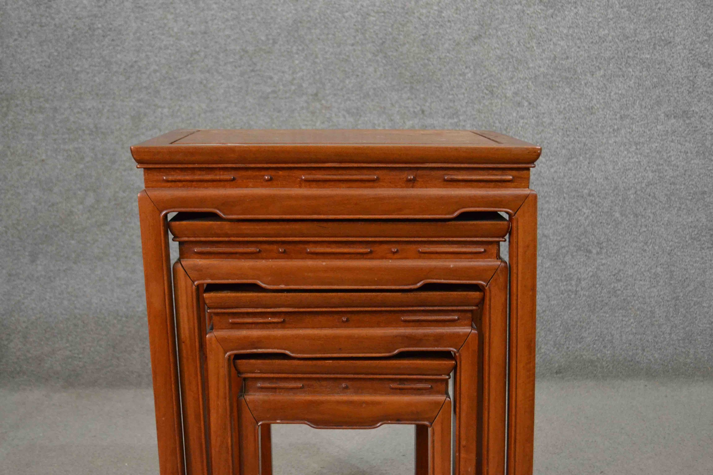 A quartetto nest of four Chinese hardwood tables, with rectangular tops, the legs joined by shaped - Image 4 of 6