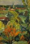 An unframed oil on canvas of a French landscape signed Le Bourdelles. H.56 W.46cm.