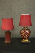 Two carved, painted and gilded Oriental vase design table lamps with red silk shades. H.62 W.27cm.