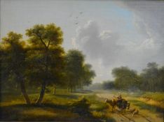 A carved gilt framed 19th century oil on canvas of a landscape with figures and cattle. Unsigned.