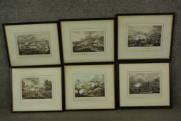 A set of six framed and glazed 19th century hand coloured engravings of scenes from the Napoleonic