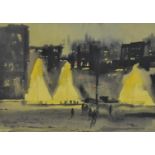 A framed and glazed watercolour of a Indian street at night, signed R. Chowdhury. H.80 W.99cm