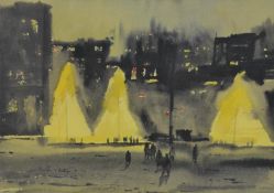 A framed and glazed watercolour of a Indian street at night, signed R. Chowdhury. H.80 W.99cm