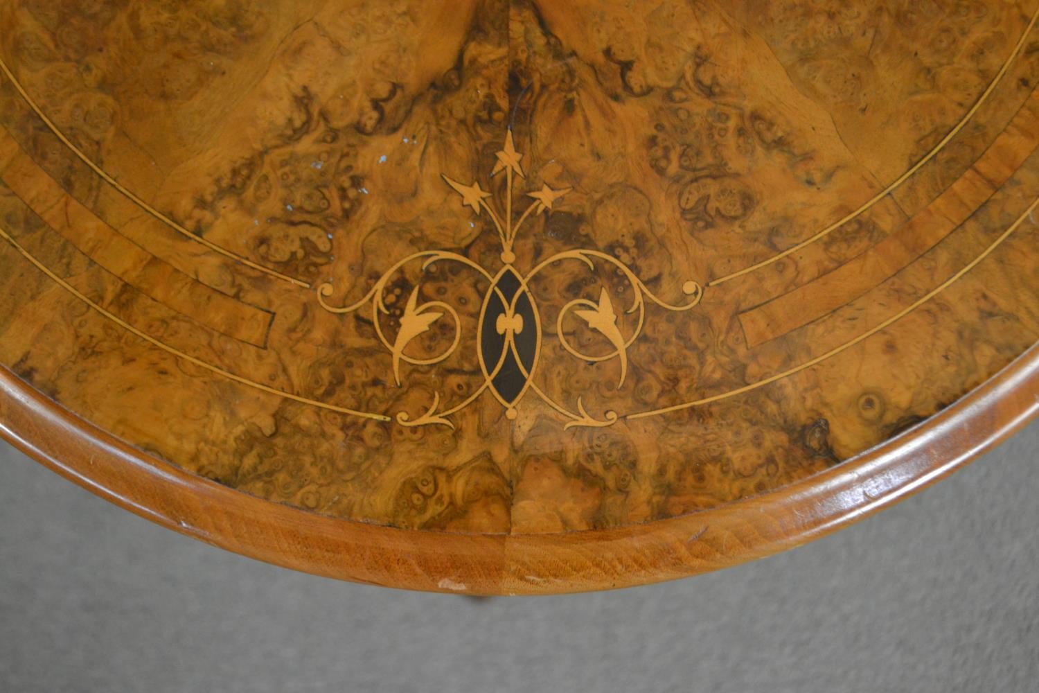 A Victorian circular figured walnut and marquetry inlaid occasional table, on turned legs joined - Image 5 of 5