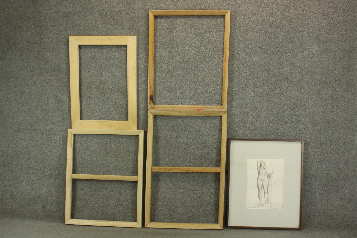 A group of five picture frames, including pine examples, one containing a Classical style print. H.