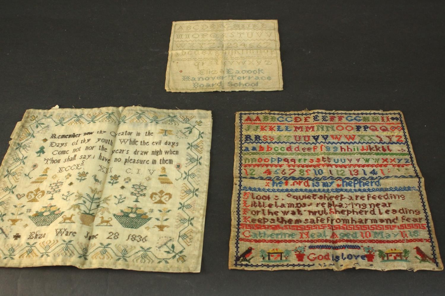 Three unframed 19th century embroidered samplers. Each with the name of the artist and date they