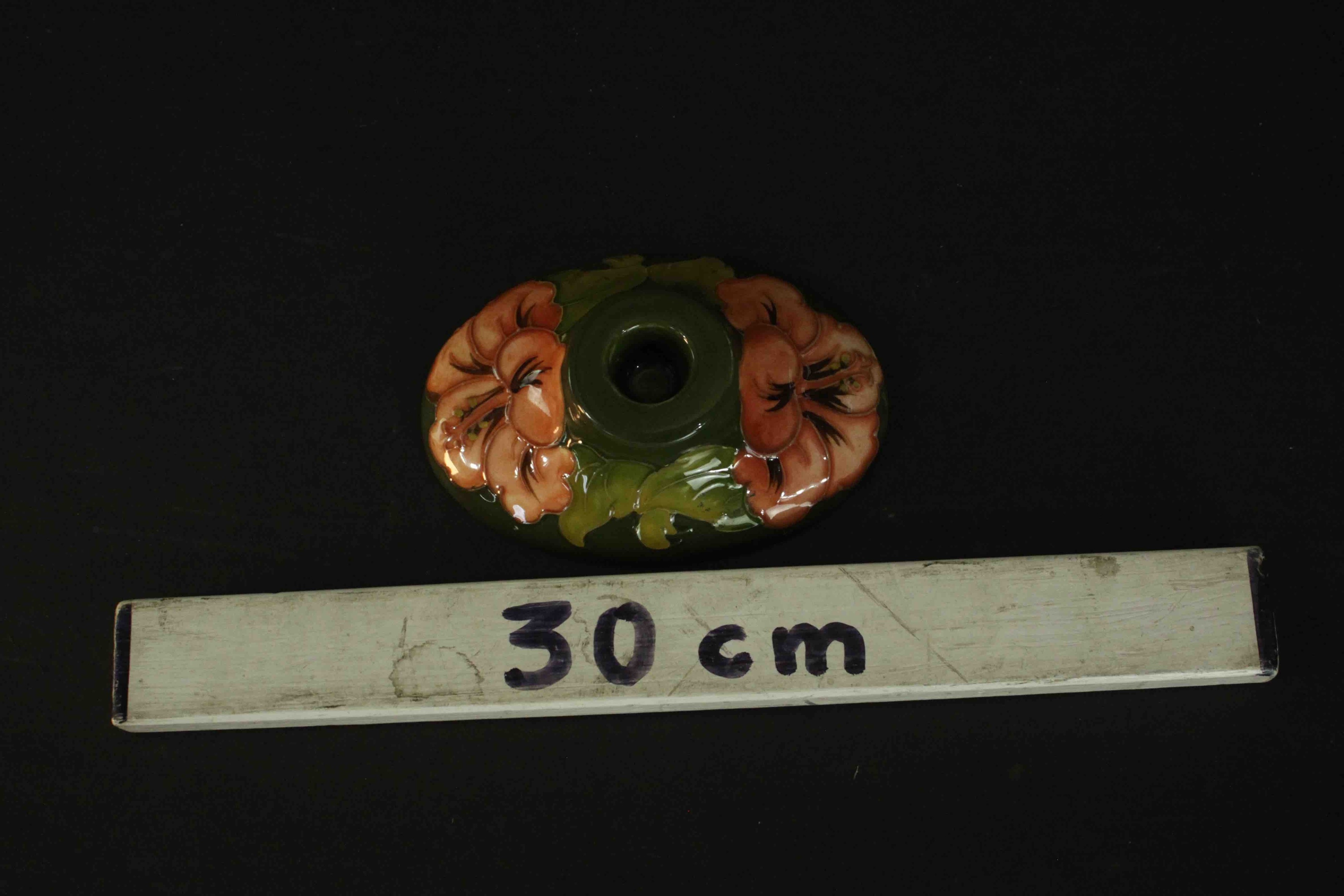 A Moorcroft hibiscus pattern candle holder with peach coloured flowers on a green ground, - Image 2 of 4