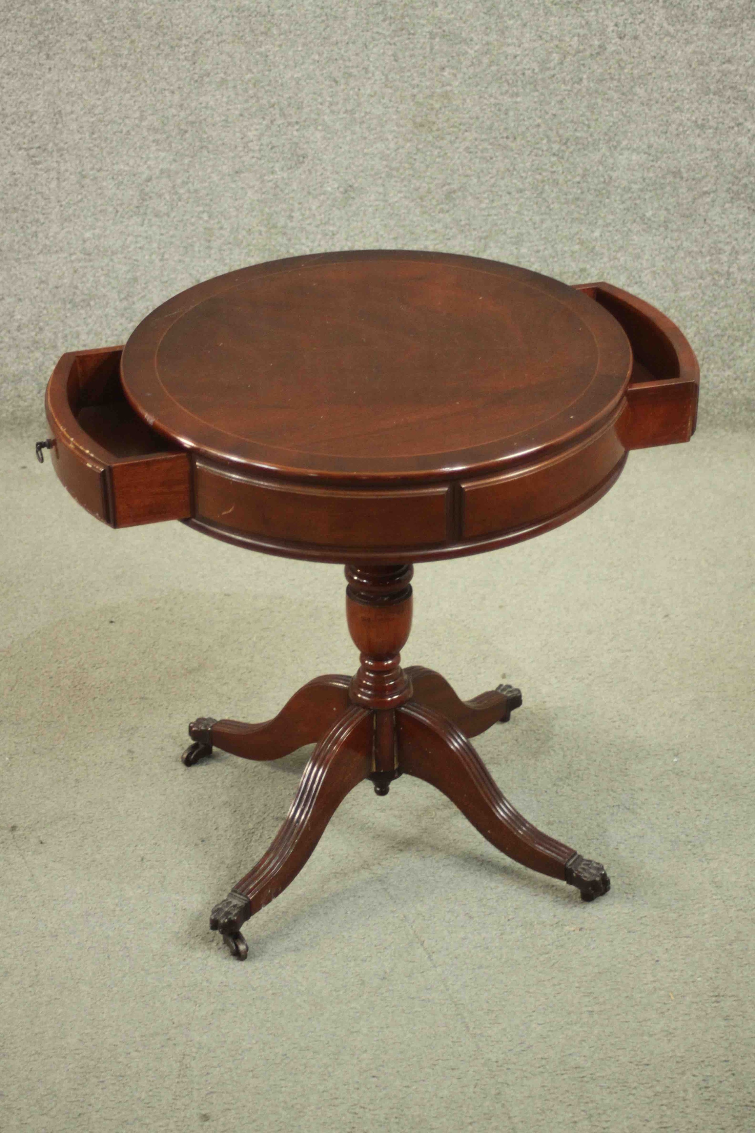 A reproduction mahogany drum occasional table, the circular top with two drawers, on a vase turned - Image 3 of 6