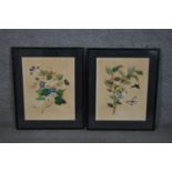 A pair of framed and glazed 19th century Chinese watercolors of flowers and insects. H.57 W.47cm