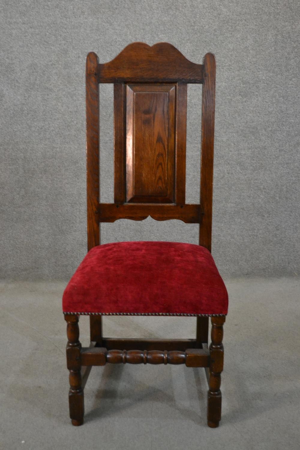 A set of ten early 20th century country antique style oak high back dining chairs, including two - Image 3 of 10