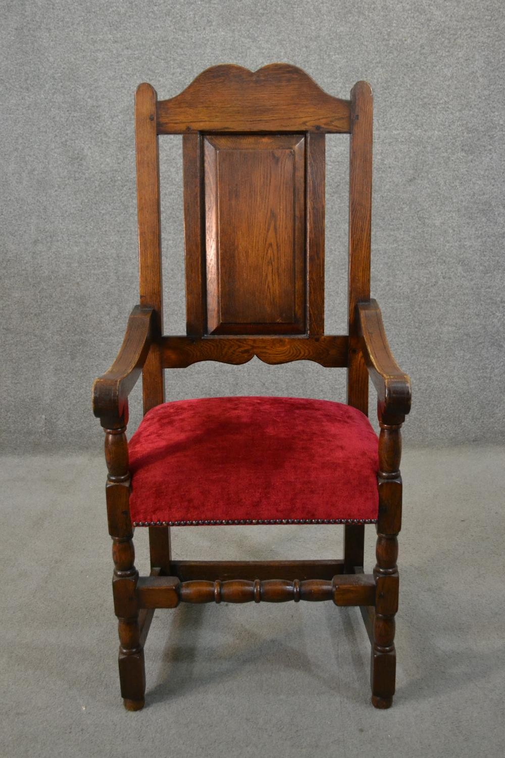 A set of ten early 20th century country antique style oak high back dining chairs, including two - Image 7 of 10