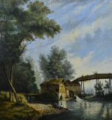 A gilt framed 19th century oil on canvas of a river landscape scene with mill house and figures,