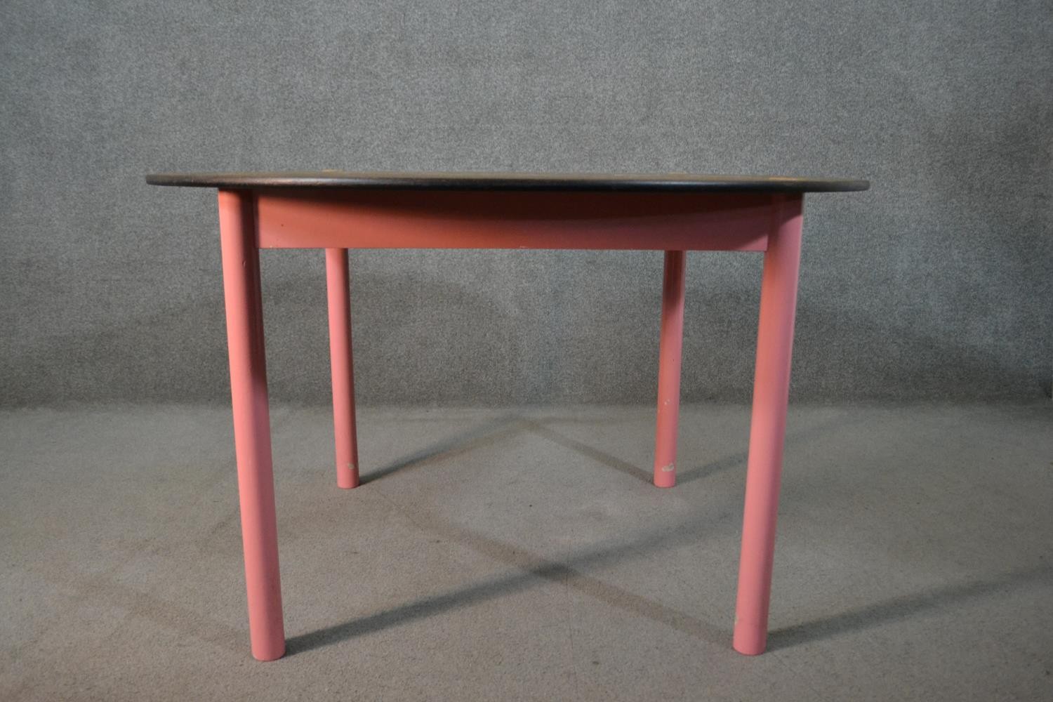 FDB Møbler, A Bjørk dining table, with a circular stained MDF top, on a pink painted base with - Image 2 of 4
