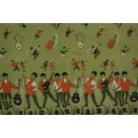 A framed and glazed piece of unused vintage fabric from the 1960's featuring The Beatles, red and