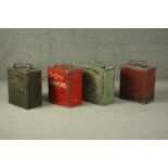 Four 20th century painted metal Jerry cans, marked for O-D-M Ashford, Insect Repellent, BP Ltd Shell