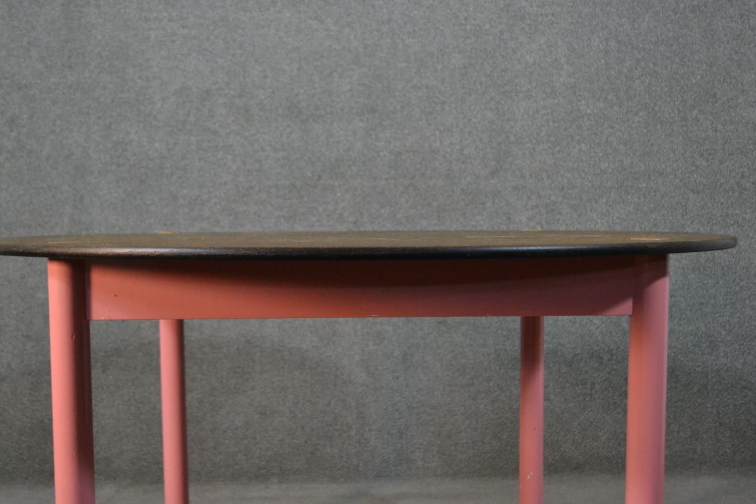 FDB Møbler, A Bjørk dining table, with a circular stained MDF top, on a pink painted base with - Image 3 of 4