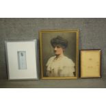 An oleograph of a Victorian lady along with a framed grass flower head and empty frame. H.63 W.46cm.