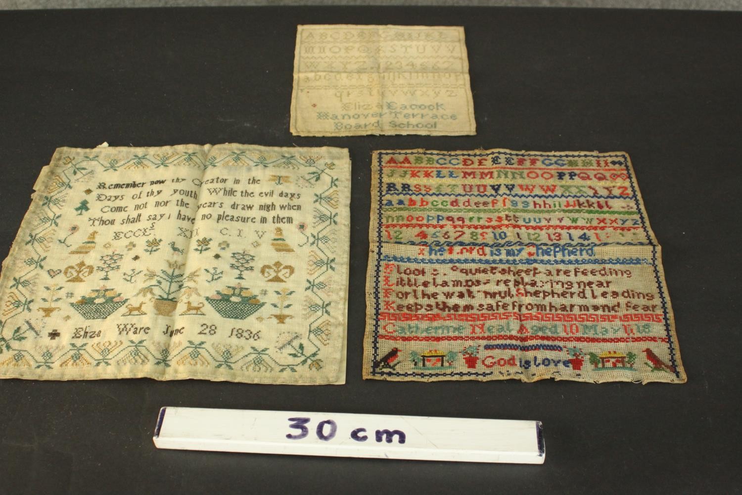 Three unframed 19th century embroidered samplers. Each with the name of the artist and date they - Image 2 of 8
