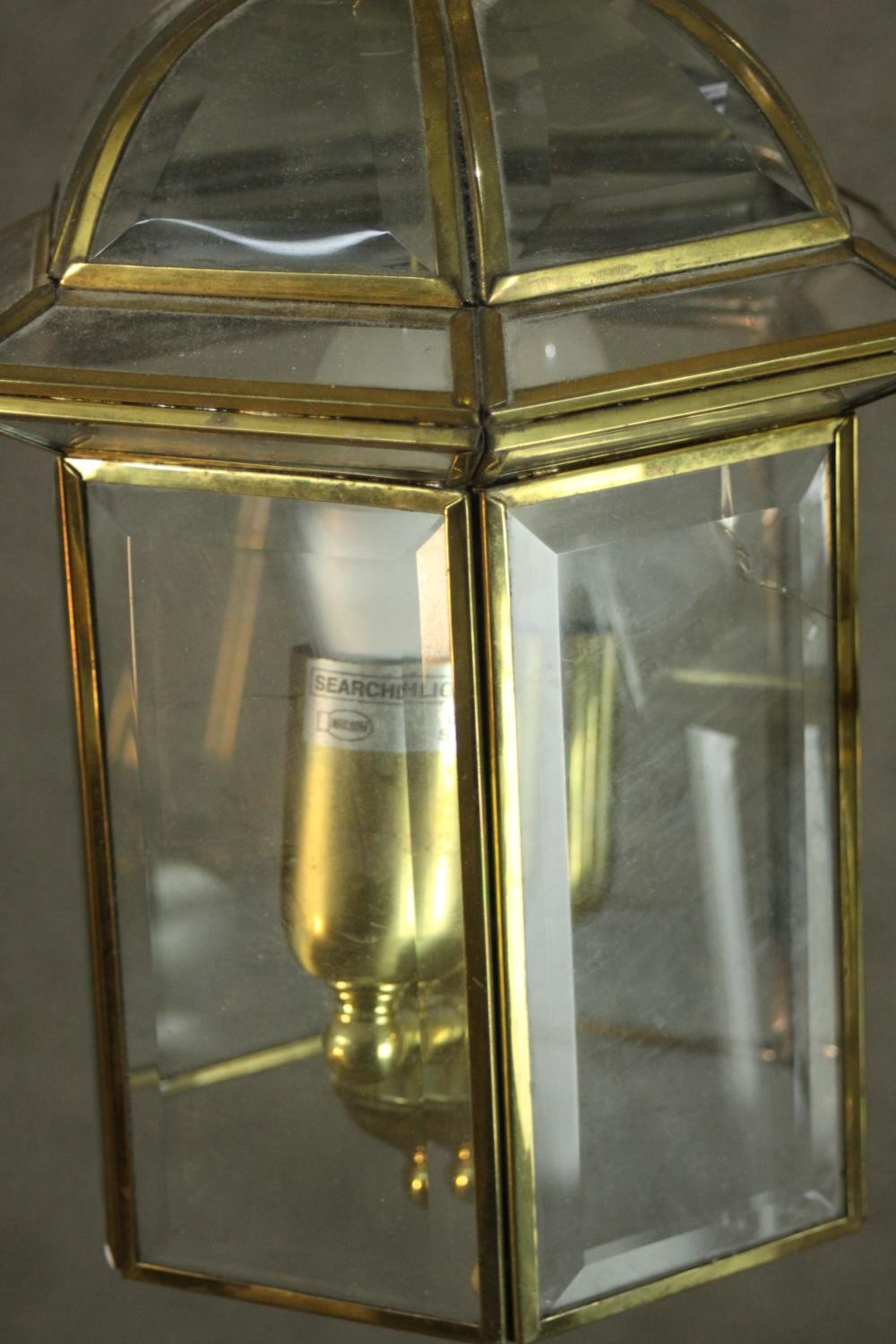 A pair of reproduction George III style brass hall lanterns, of hexagonal section, each with two - Image 5 of 8