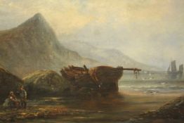 A gilt framed 19th century school, Coastal Scene, oil on canvas. H.49 W.76cm.