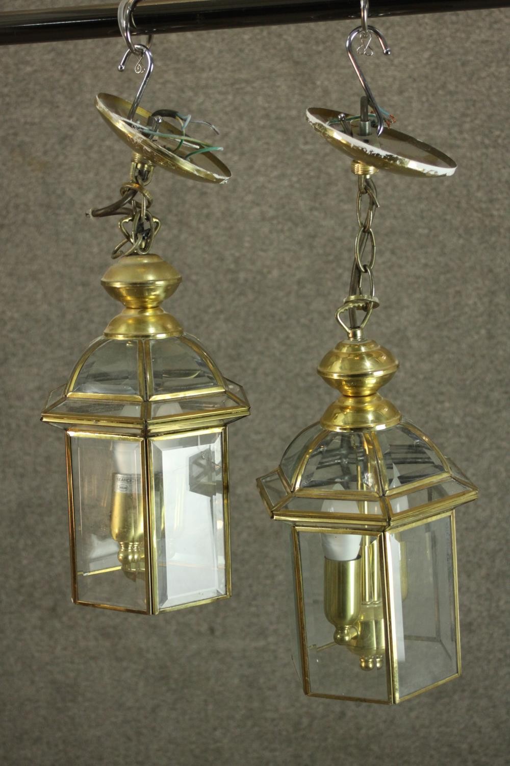 A pair of reproduction George III style brass hall lanterns, of hexagonal section, each with two - Image 2 of 8