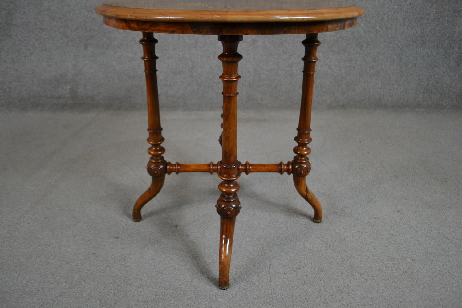 A Victorian circular figured walnut and marquetry inlaid occasional table, on turned legs joined - Image 3 of 5