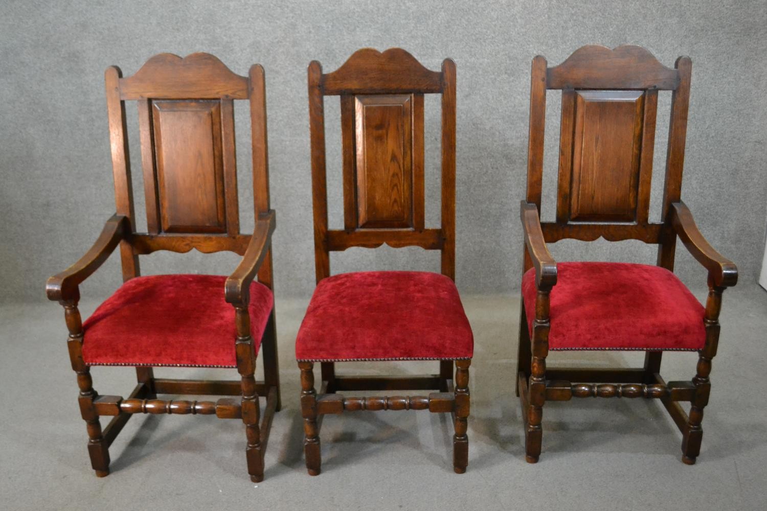 A set of ten early 20th century country antique style oak high back dining chairs, including two - Image 2 of 10
