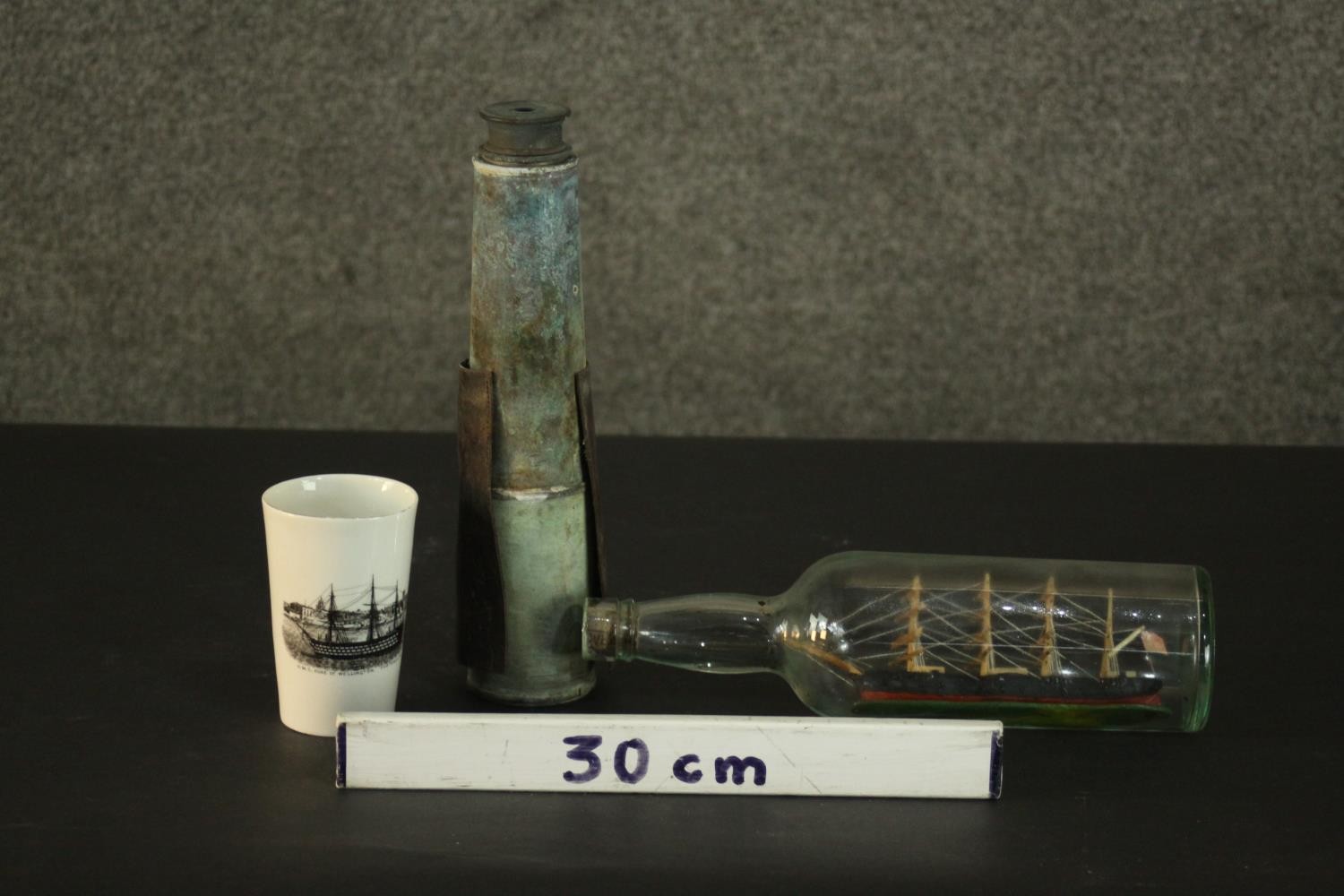A carved and painted ship in a bottle along with a telescope and a transfer printed ship design - Image 2 of 13